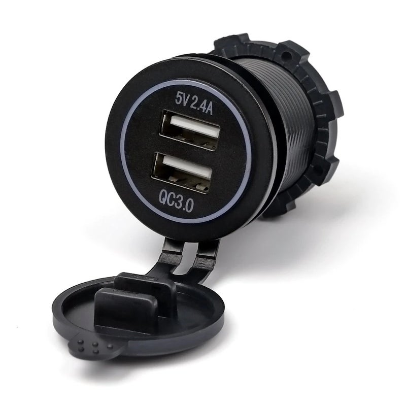 Bluejw Dual USB Car Charger 5V/2.4A QC3.0, Convex Blue LED Ring Light, Fast Automobile Charging Socket Adapter - Image 2